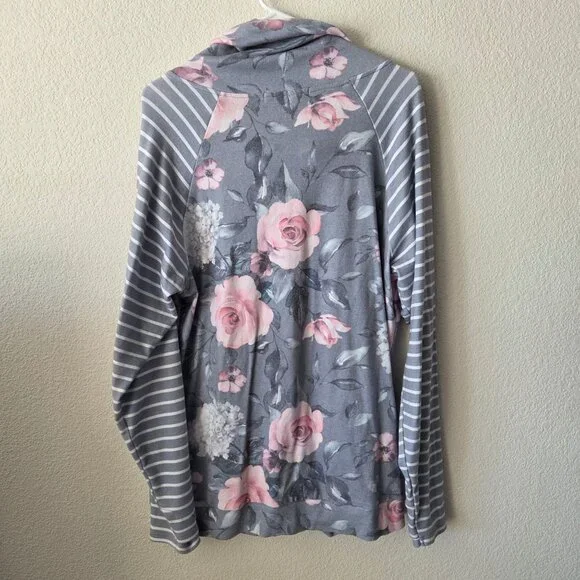 Michelle Mae Womens XL Floral Striped Lightweight Pullover Sweatshirt Cowl Neck - Picture 3 of 9